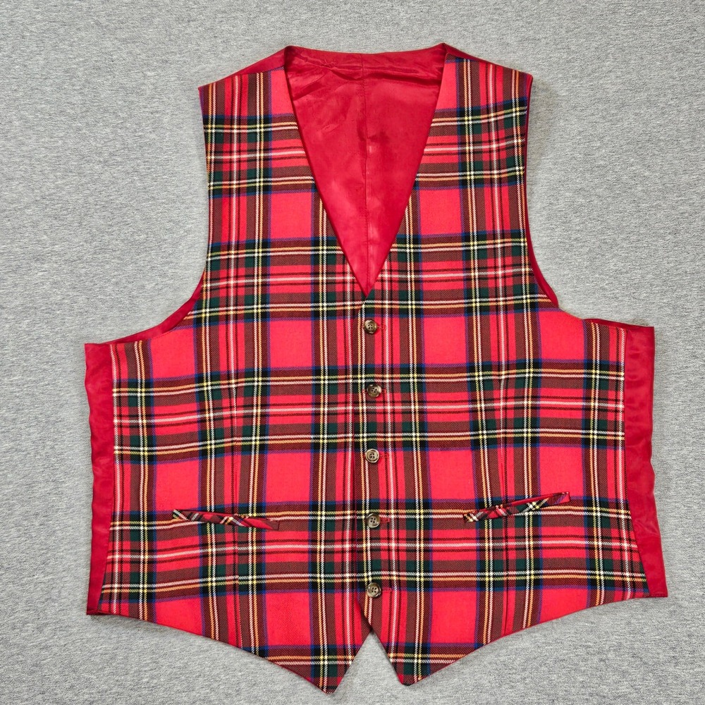Vintage Red Plaid Worsted Wool Vest Mens 44L Tartan Waistcoat Reversible Formal